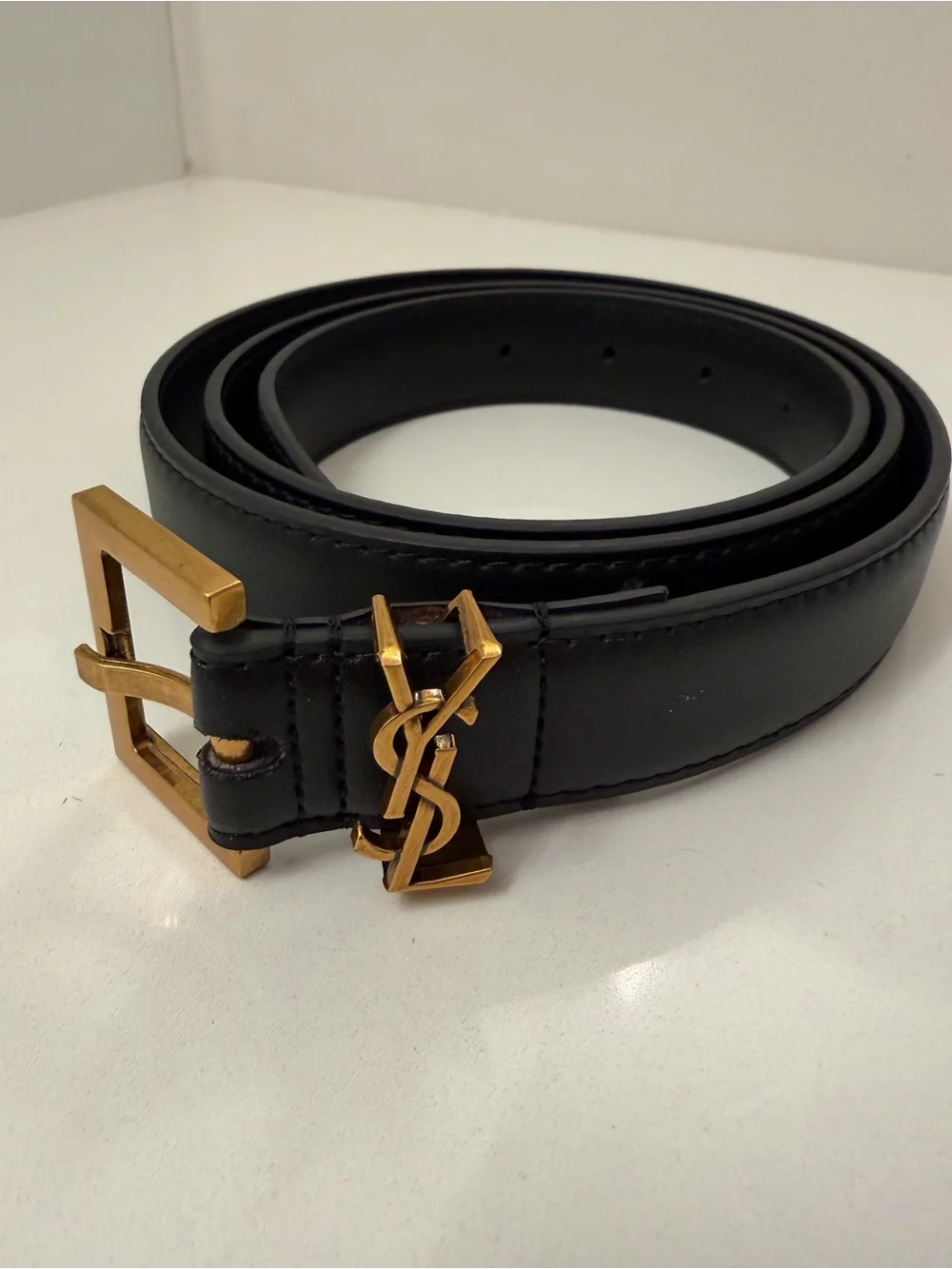 Saint Laurent Paris YSL Black Leather Belt with Gold Buckle